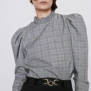 Zara Glen Plaid Black White Ruffled Puff Sleeve Blouse Size L